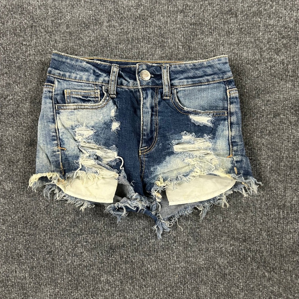 American Eagle Shorts Womens Size 00 Blue Denim Raw Hem Low Rise Stretch